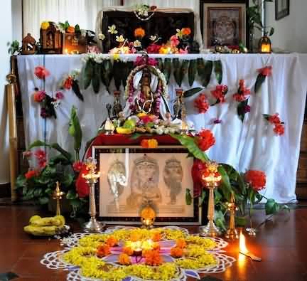 Beautiful Decoration For Ganesha Chaturthi With Flowers Picture