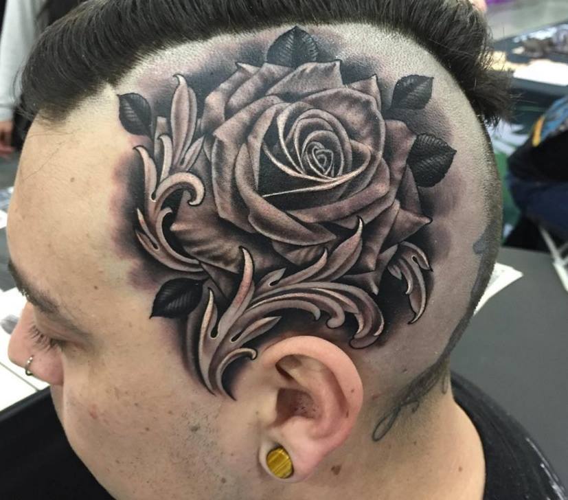 Beautiful Grey Rose Tattoo On Head by Justin Burnout