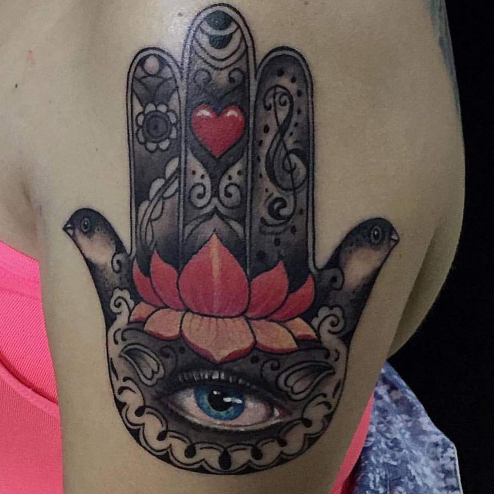 Beautiful Hamsa Tattoo On Left Shoulder by Julio Forero