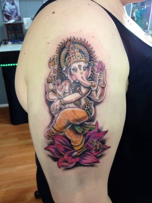 Beautiful Lotus Ganesha Tattoo On Right Bicep
