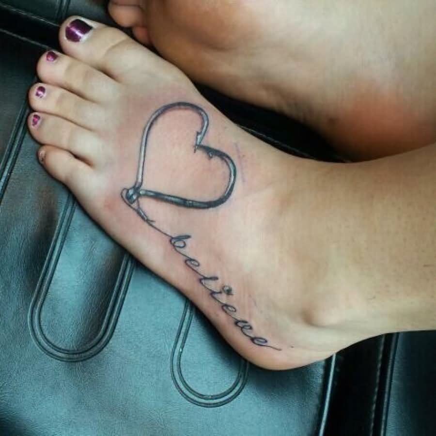 Believe - Two Hook Heart Tattoo On Girl Left Foot