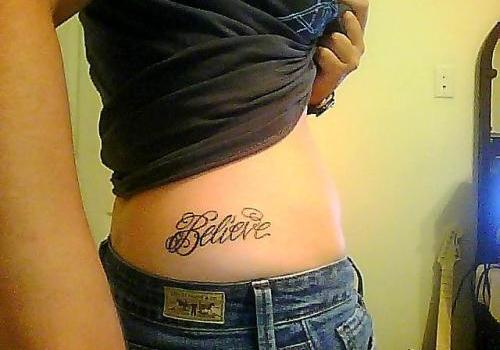 Believe Word Tattoo On Right Hip