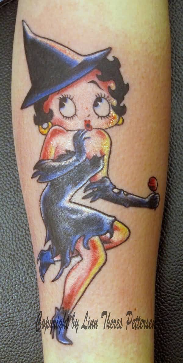 Betty Boop In Witch Costume Tattoo On Leg