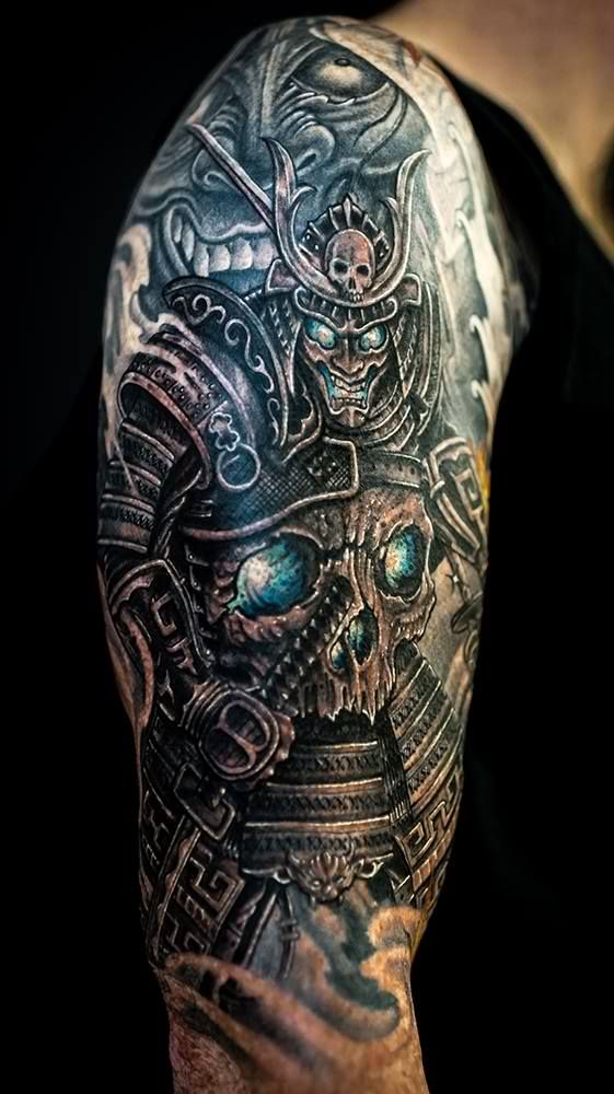 Biomechanical Hannya Tattoo On Man Right Half Sleeve