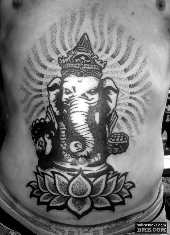 Black Ad Grey Ganesha On Lotus Tattoo On Belly