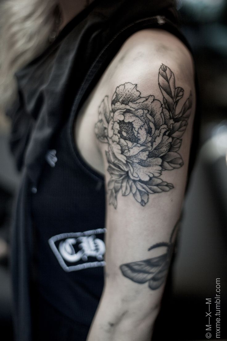 Black And Grey Dotwork Peony Flowers Tattoo On Left Half Sleeve
