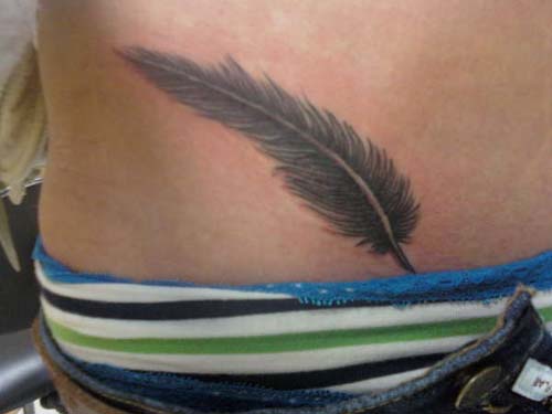 Black And Grey Feather Tattoo Design For Hip