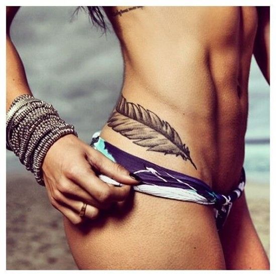 Black And Grey Feather Tattoo On Girl Right Hip