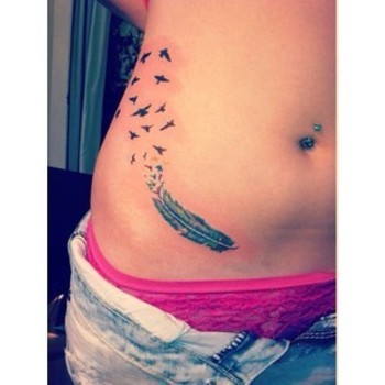 Black And Grey Feather With Flying Birds Tattoo On Girl Right Hip