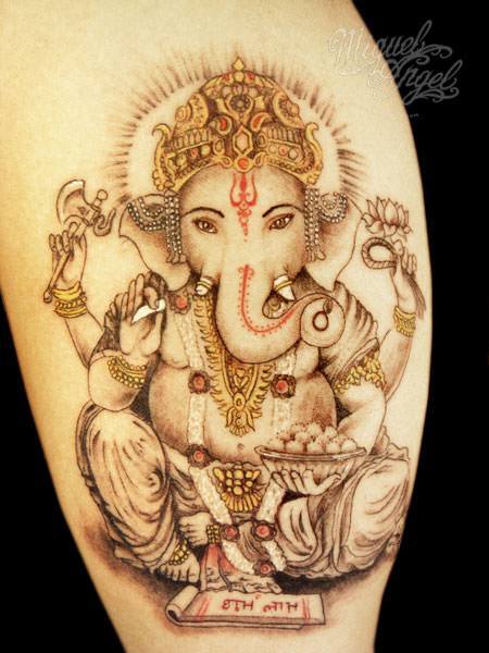 Black And Grey Ganesha On Lotus Tattoo On Leg