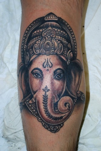 Black And Grey Ganesha Tattoo On Leg Calf