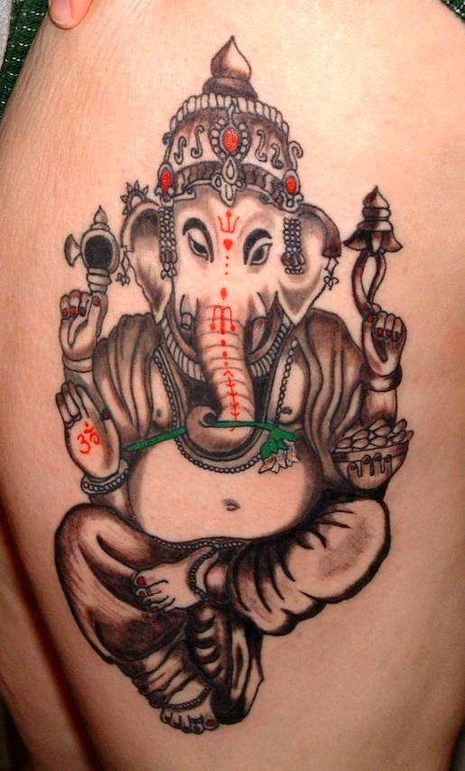 Black And Grey Ganesha Tattoo On Thigh