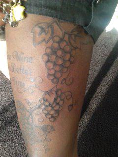 Black And Grey Grapes Tattoo Design For Thigh