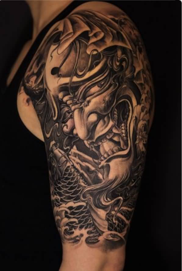 Black And Grey Hannya Tattoo On Man Left Half Sleeve