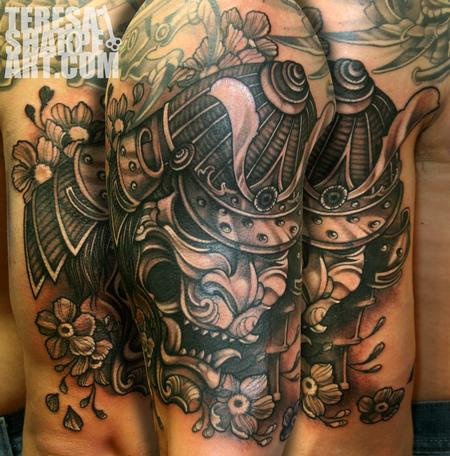 Black And Grey Ink Hannya Tattoo On Half Sleeve