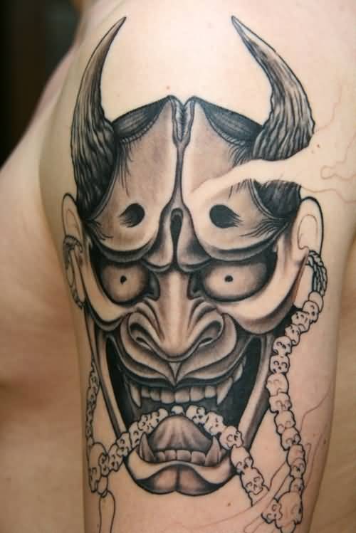 Black And Grey Ink Hannya Tattoo On Left Half Sleeve