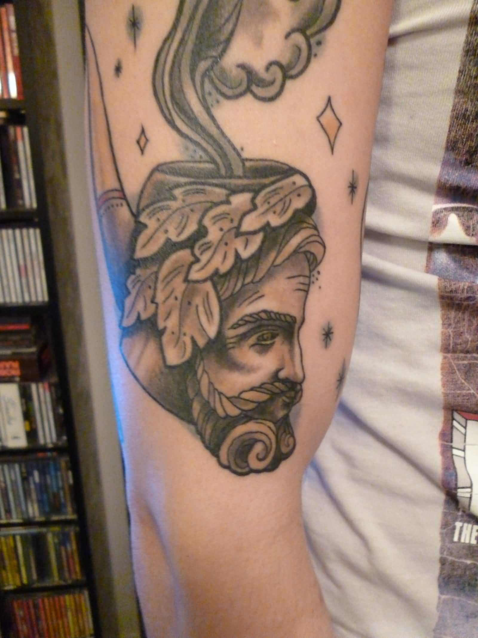 Black And Grey Man Head Pipe Tattoo On Right Half Sleeve