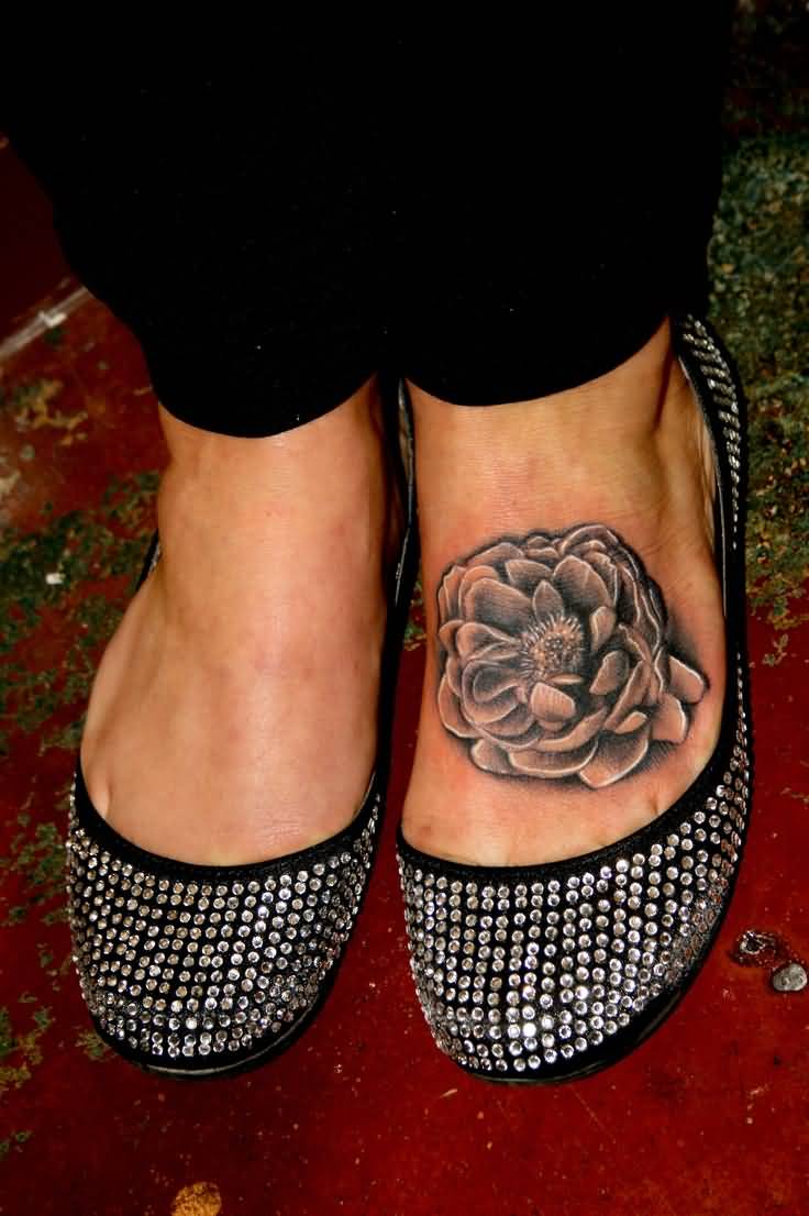 Black And Grey Peony Flower Tattoo On Left Foot