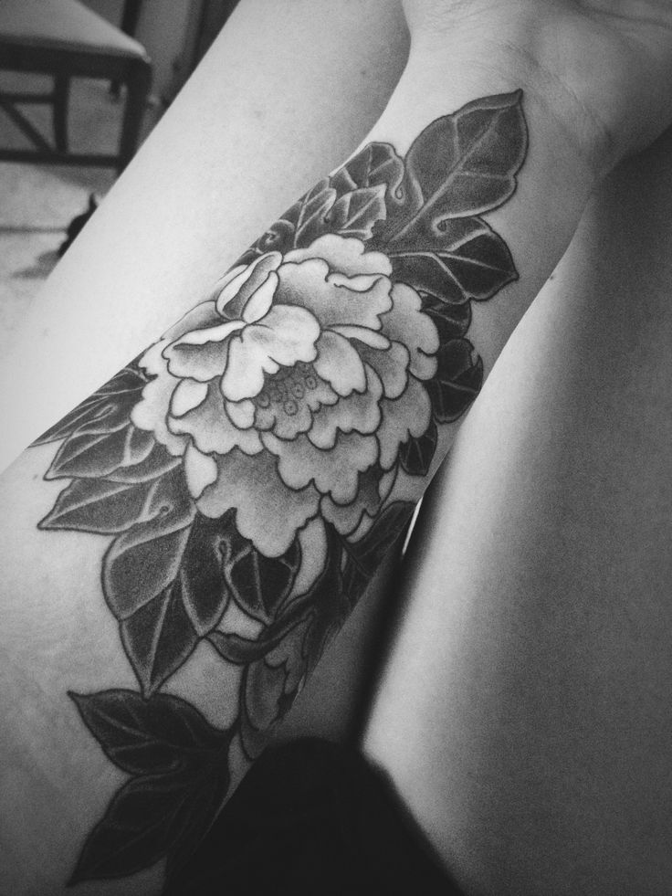 Black And Grey Peony Flower Tattoo On Left Forearm