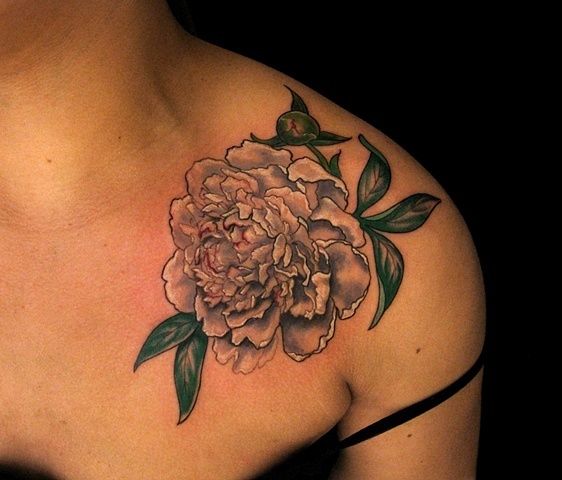 Black And Grey Peony Flower Tattoo On Left Front Shoulder