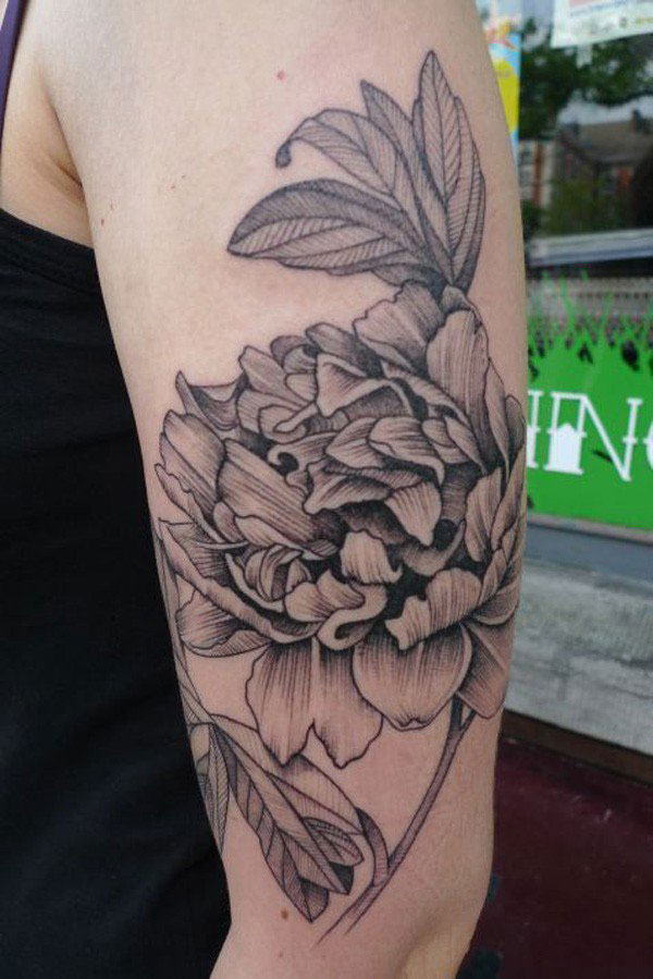 Black And Grey Peony Flower Tattoo On Left Half Sleeve