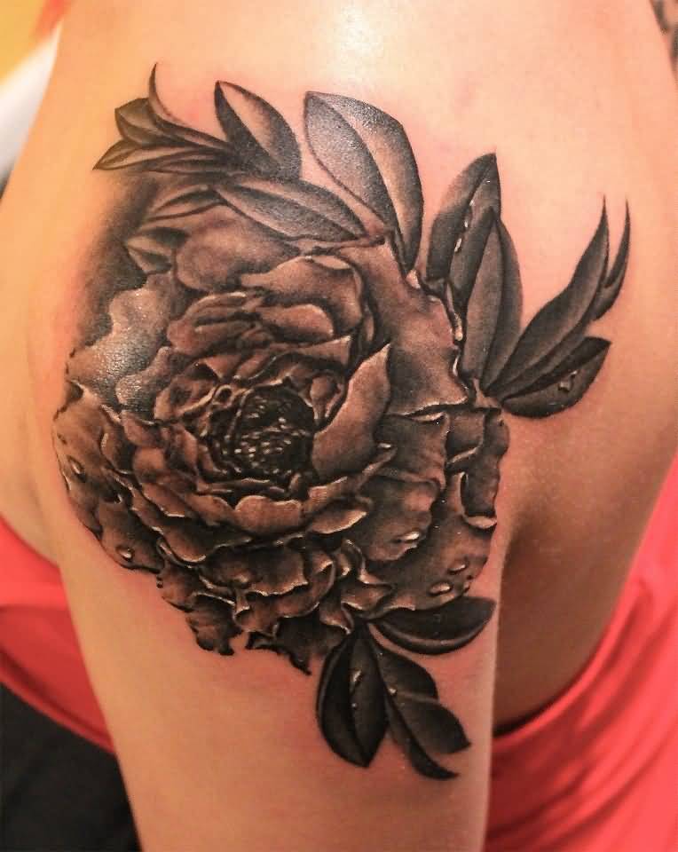 Black And Grey Peony Flower Tattoo On Left Shoulder