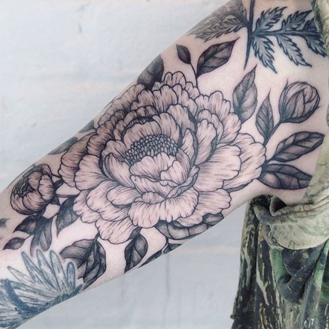 Black And Grey Peony Flower Tattoo On Right Half Sleeve
