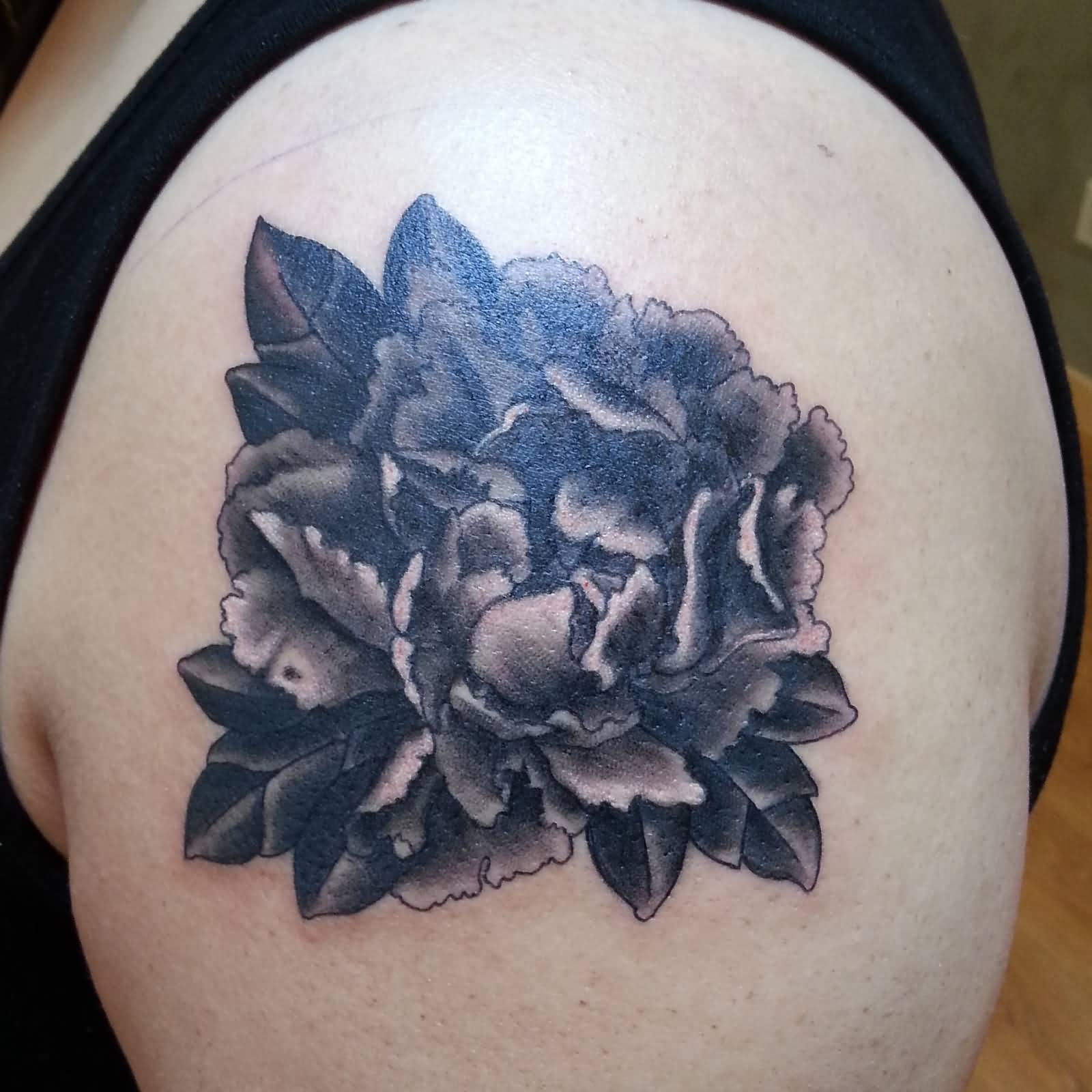 Black And Grey Peony Flower Tattoo On Shoulder