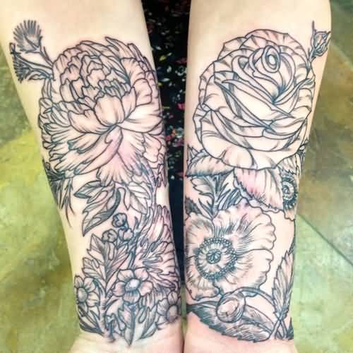 Black And Grey Peony Flowers Tattoo On Both Wrist