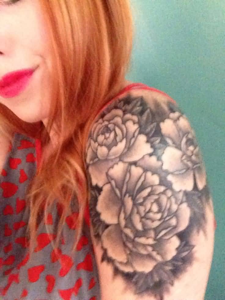 Black And Grey Peony Flowers Tattoo On Girl Left Shoulder