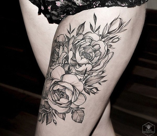 Black And Grey Peony Flowers Tattoo On Girl Left Thigh