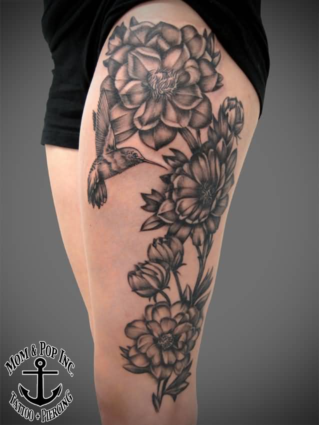 Black And Grey Peony Flowers Tattoo On Girl Thigh By Tate Dean