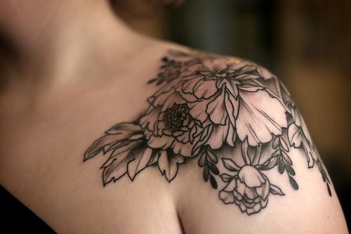 Black And Grey Peony Flowers Tattoo On Left Shoulder