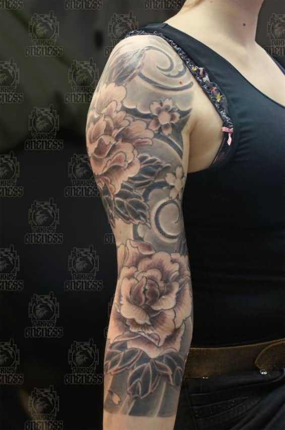 Black And Grey Peony Flowers Tattoo On Right Full Sleeve By Darko Groenhagen