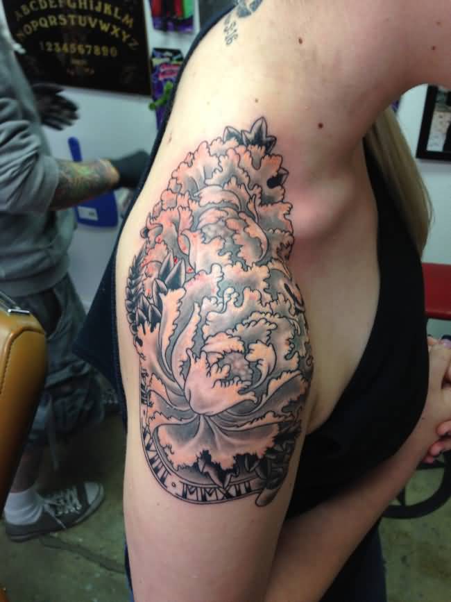 Black And Grey Peony Flowers Tattoo On Right Shoulder