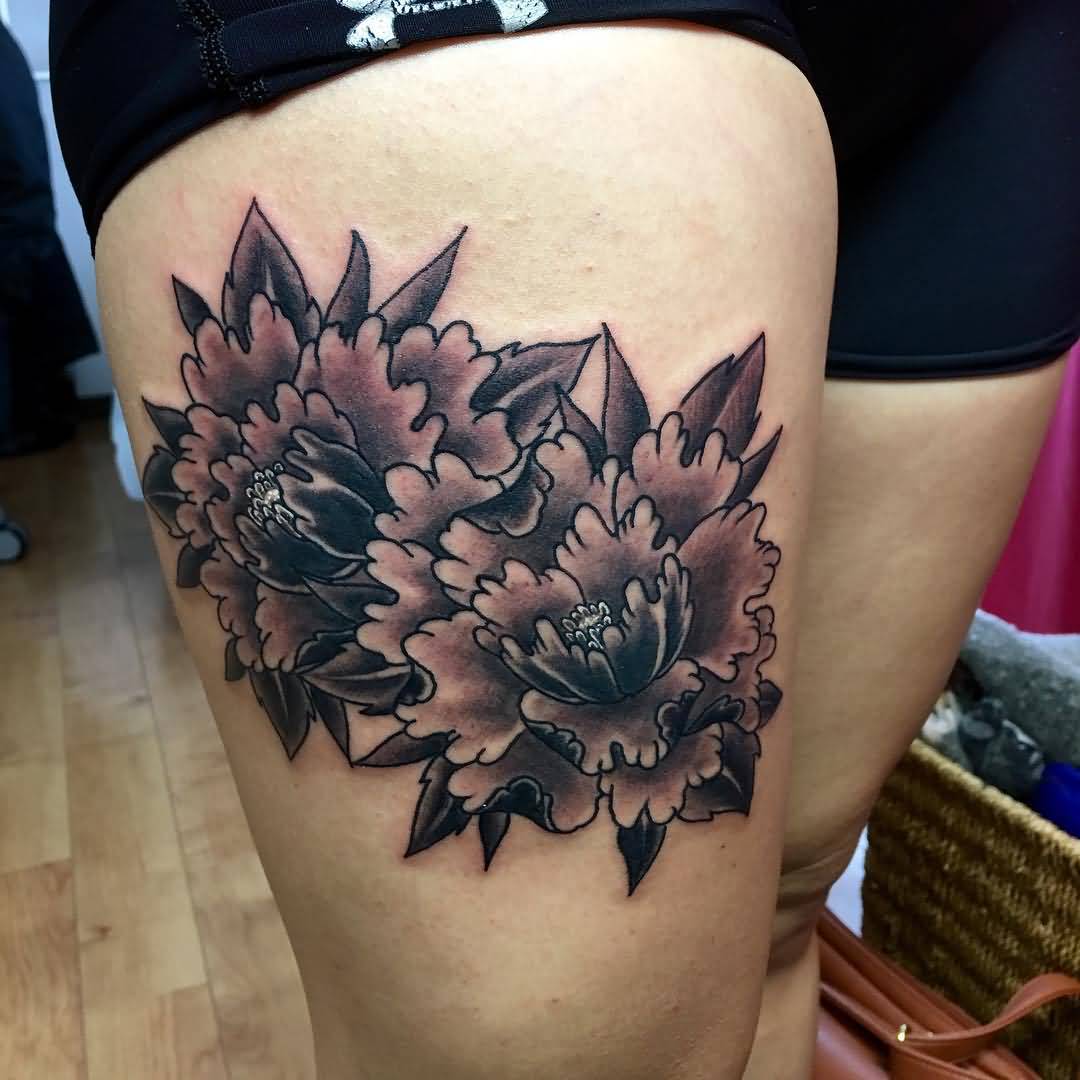 Black And Grey Peony Flowers Tattoo On Right Thigh