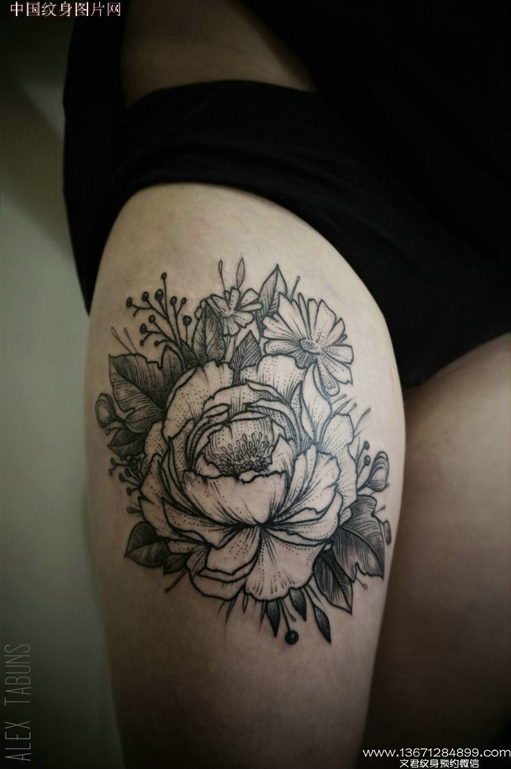 Black And Grey Peony Flowers Tattoo On Thigh