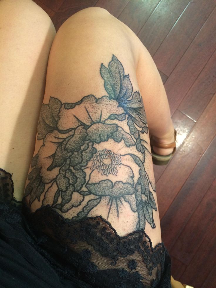 Black And Grey Peony Tattoo On Girl Right Thigh By Erik Jacobsen