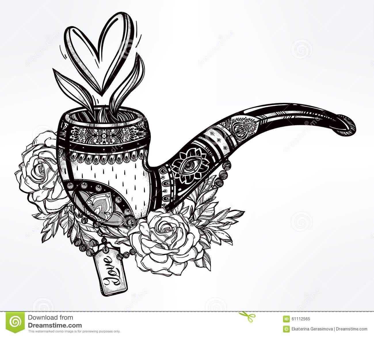 Black And Grey Pipe With Roses Tattoo Stencil