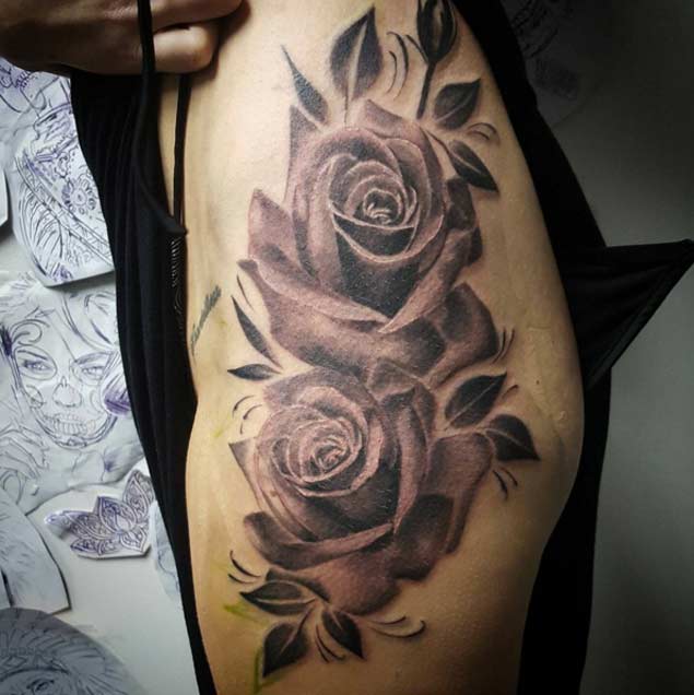 Black And Grey Roses Tattoo On Left Hip