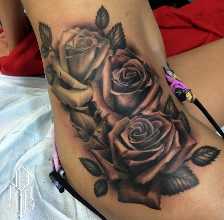 Black And Grey Roses Tattoo On Side Hip by Dustin Yip