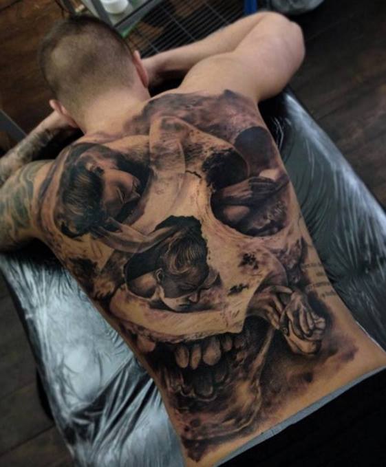 Black And Grey Skull Tattoo On Full Back
