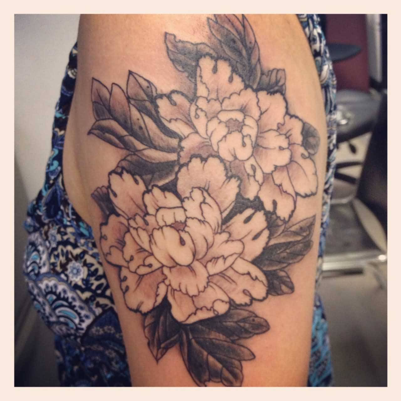 Black And Grey Traditional Peony Flowers Tattoo On Girl Left Shoulder
