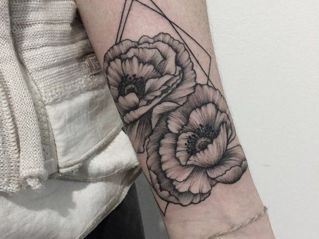 Black And Grey Two Peony Flower Tattoo On Forearm