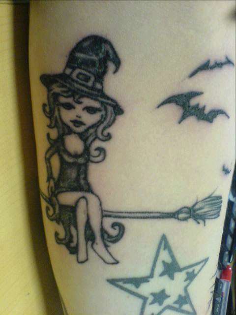 Black And Grey Witch Tattoo Idea