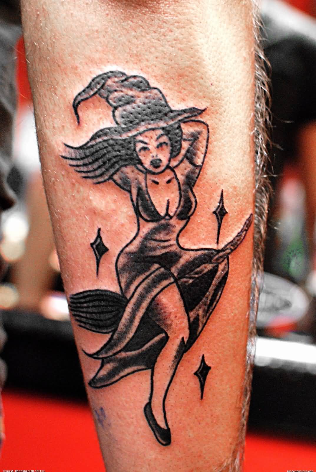 Black And Grey Witch Tattoo On Arm Sleeve