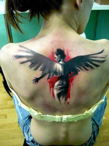 Black And White Angel Tattoo On Girl Upper Back