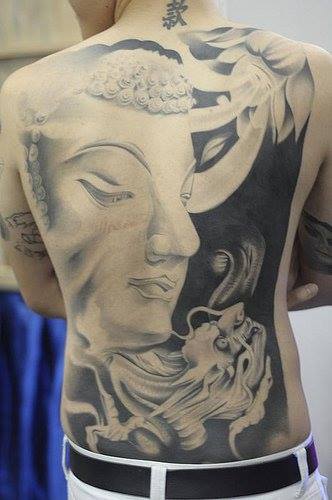 Black And White Buddha Tattoo On Full Back