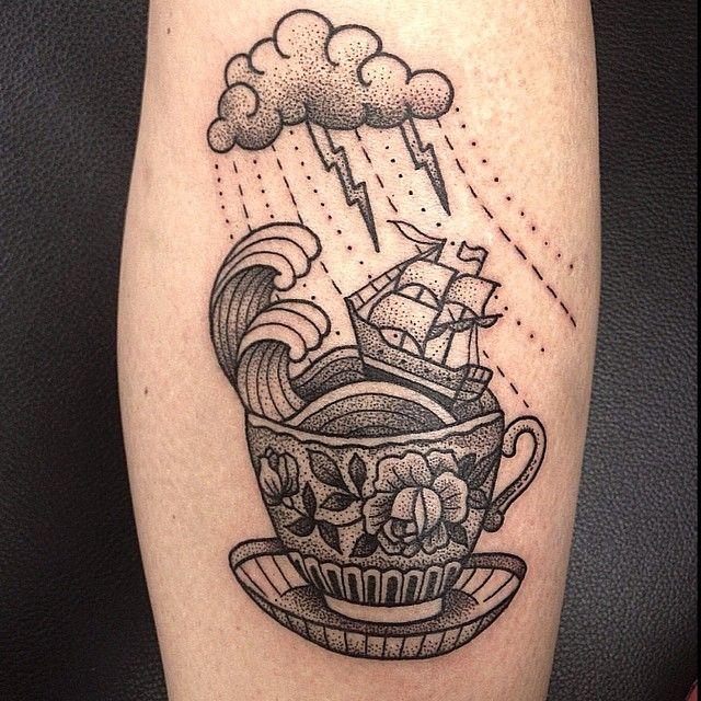 Black And White Storm Teacup Tattoo On Leg