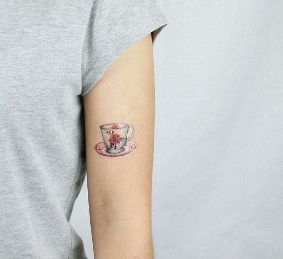 Black And White Teacup Tattoo On Girl Left Bicep